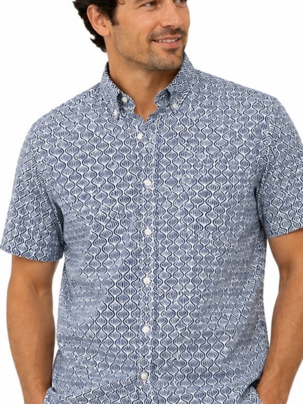 J. Crew Men's Short-Sleeve Printed Button-Down Shirt in Blue Slim Fit Size L